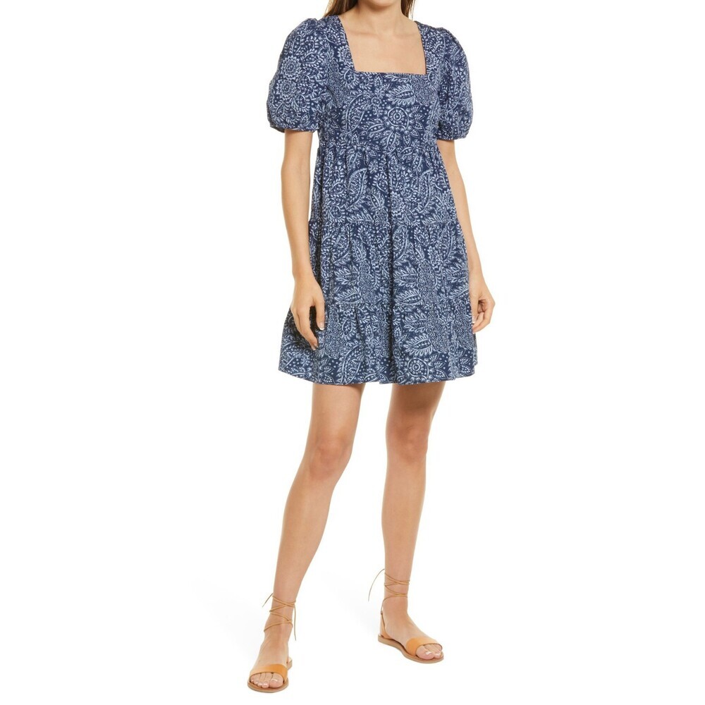 Madewell Babydoll Dress Women's 0 Blue Paisley Print Tiered Puff Sleeve RED654